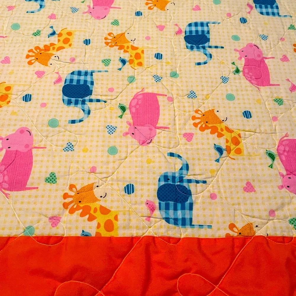 Baby/Child Quilt Safari Theme Orange Yellow Elephants Giraffes Pigs Birds 36x48
